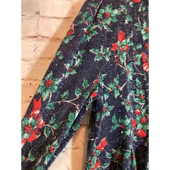Kim Rogers Popover Top Womens Medium Glitter Holly Christmas Print Roll Tab - Picture 2 of 13